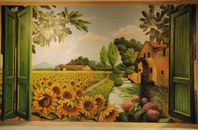 Trompe l'oeil paesaggio con girasoli 